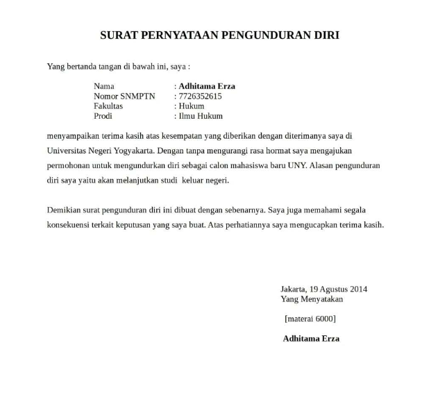 Contoh Surat Pengunduran Diri Dari Universitas Sebagai Mahasiswa Baru ...